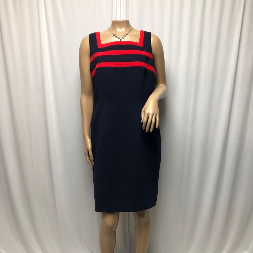 Studio I Dress Womens Size 12P Navy Red Sleeveless Square Neck Office Nautical